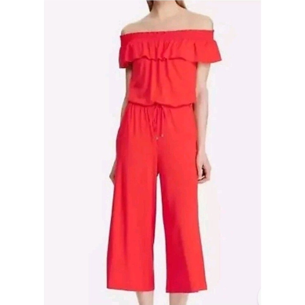 Ralph Lauren Matsuko Jumpsuit Size M Red Ruffle Off The Shoulder Wide Leg Romper
